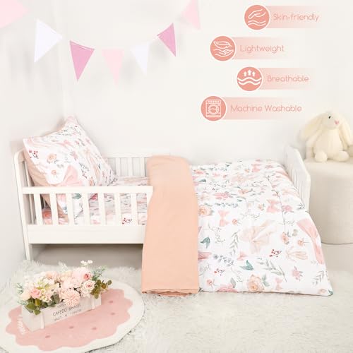 GFU 4 Piece Toddler Bedding Set, Ultra Soft and Breathable Toddler Comforter Sets for Girls Includes Quilted Comforter, Fitted Sheet, Flat Sheet and Pillowcase, Pink Flowers GFU