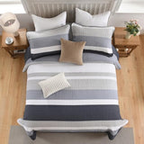DUOHONG 100% Cotton Quilt Set Queen Size, Queen Quilt Bedding Set, Striped Pattern Quilt Bedspread for Queen Bed, Modern Minimalist Bed Spread Lightweight Comforter, 3Pcs, Charcoal-Blue/Gray/White DUOHONG