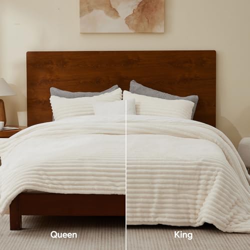 BEDELITE Fleece Queen Comforter Set -Super Soft & Warm Fluffy Cream White Bedding, Luxury Fuzzy Heavy Bed Set for Winter with 2 Pillow Cases BEDELITE
