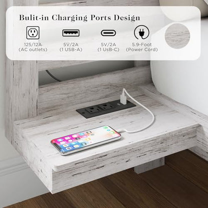 YUMPIE Farmhouse Queen Floating Bed Frame with Nightstands, Platform Bed with LED Light & Type-C & USB Charging Station, No Box Spring Needed/Noise Free, Distressed White