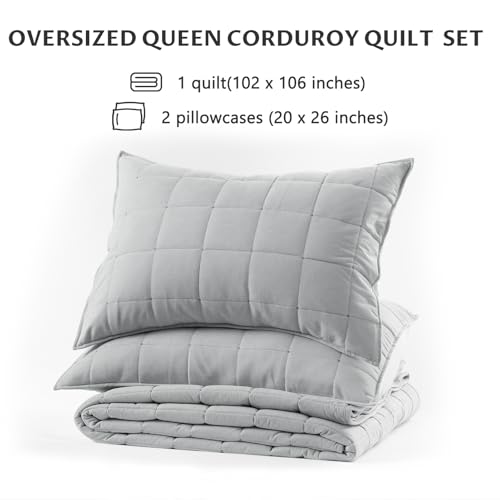 KASENTEX Oversized Queen Quilt Set 102"x106" – Soft Washed 3-Layer Lightweight Bedspread, Minimalist Nordic Design, All-Season Spring & Summer Quilt Set (1 Quilt + 2 Pillow Shams), Silver Grey KASENTEX
