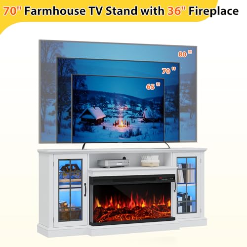 OneBlis 70 Inch Fireplace TV Stand for TVs up to 80", Rustic Media Entertainment Center Console Table with Glass Door Closed Storage, 3-Sided Glass Fireplace, White OneBlis