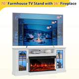 OneBlis 70 Inch Fireplace TV Stand for TVs up to 80", Rustic Media Entertainment Center Console Table with Glass Door Closed Storage, 3-Sided Glass Fireplace, White OneBlis