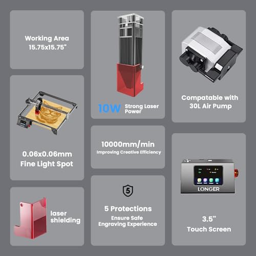 Longer RAY5 10000mW Laser Engraver, Wood/Leather/Acrylic Engraving Cutting Machine, DIY Desktop Laser Cutter with Safety Protection, Air Assist & 3 in 1 Roller Longer
