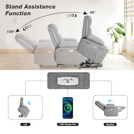 BETISEF Power Lift Recliner Chair for Elderly with Massage & Heat,Linen-Cotton, Electric Recliner with USB Ports, Cup Holders, Side Pockets, Lift Chair for Living Room, Bedroom BETISEF