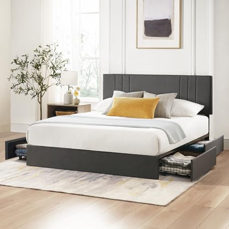 Zinus Billie Platform Bed Frame, Four Underbed Storage Drawers, Height Adjustable Headboard, Upholstered Style, King Zinus