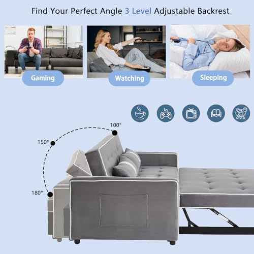 STBIGSLEP 3 in 1 Convertible Sleeper Sofa Bed, Small Couch for Living Room Bedroom with Pullout Bed Adjustable Backrest,Velvet,Loveseat Sofa Bed,Futon Couches (Grey) STBIGSLEP