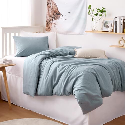 Wake In Cloud - Cotton Duvet Cover Set, Twin Size, Light Denim Blue, 100% Washed Cotton, Linen Like Textured, Breathable Percale Durable Comfy Farmhouse Neutral Bedding Set, 3 Pieces Wake In Cloud