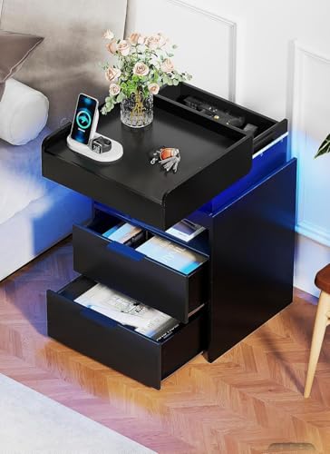 Turosur Black Night Stand with Charging Station,Wood Nightstand with 2 Drawers Modern Style, LED Lights Wooden End Tables with Sliding Top Open Storage Shelf Bedside Table for Living Room Bedroom