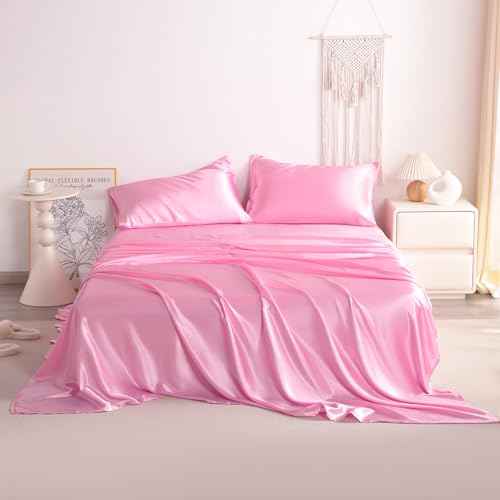 NTBAY Silk Satin King Sheet Set, 4-Piece Luxury and Soft Bedding Set Cooling Silky Sheets for Hair and Skin, Includes 2 Pillowcases, 1 Flat Sheet, 1 Fitted Sheet with Deep Pocket, Pink NTBAY