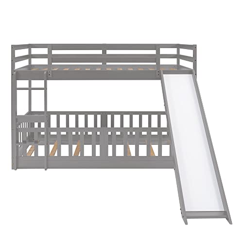 Bellemave Twin Over Twin Floor Bunk Bed with Slide and Ladder, Low Bunk Bed for Kids, Girls, Boys, Removable Fence, Gray Bellemave