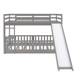 Bellemave Twin Over Twin Floor Bunk Bed with Slide and Ladder, Low Bunk Bed for Kids, Girls, Boys, Removable Fence, Gray Bellemave