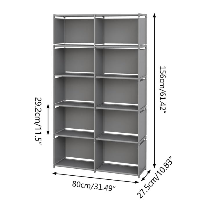 MOYIPIN Bookshelves, Assembled Storage Rack, Bedroom Living Room Vertical Cabinet Bookshelf, Double Row 10-Grid Multi-Functional Storage Equipment (Grey) MOYIPIN