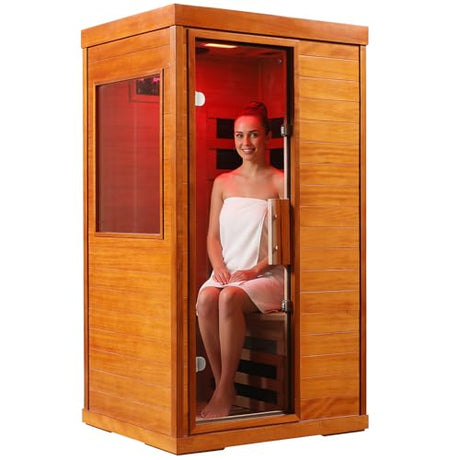 Bowear Far Infrared Sauna for 1-2 Person, 110V 1120W Indoor Home Sauna with Bluetooth Audio, 7 Colors Light Therapy, Reading Lamp, Time & Temperature Adjustable, Oguman Wood Dry Sauna Bowear