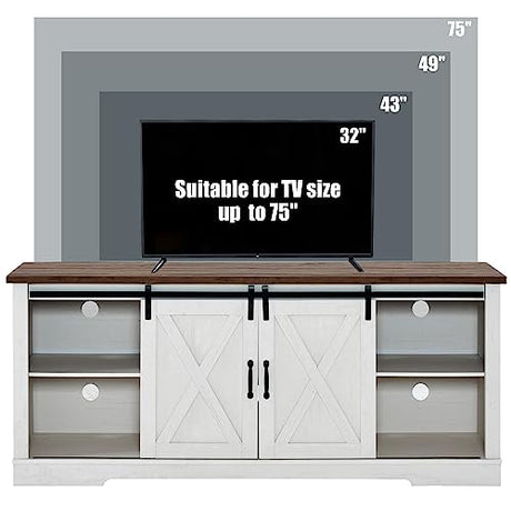 AMERLIFE 4-Piece Farmhouse Table Set Includes Sliding Barn Door TV Stand, Coffee Table& Two End Tables, Side Table with Charging Station and USB Ports, for Living Room, Bedroom, Distressed White, 66" AMERLIFE