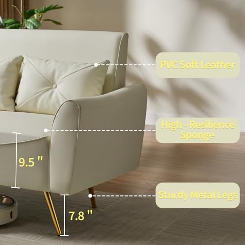 Chfeloai 48" Faux Leather Loveseat, Mid Century Modern Futon Sofa with 2 Pillows, Small Couch for Small Space, Living Room, Bedroom, Apartment, Home Office (Off-White) Chfeloai