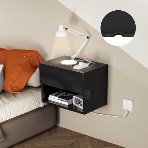 Floating Nightstand, Modern Wall Mounted Bedside Table with Drawer, Wood Bedside Shelf & Desk, End Table Wood Modern Night Stand for Bedroom (Black UI1, Set of 2) Kiseely