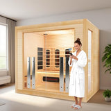 4-5 Person Hybrid Home Wood Sauna, Indoor WiFi Control Far Infrared & Traditional Canadian Hemlock Steam Saunas Spa with Red Light Therapy, 14 Heating elements & Electric Stove, Accessories, Rightdoor Smartmak