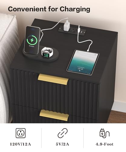 Akxomel Black Nightstand Set of 2, Fluted Night Stand with Charging Station, 13.8" D x 15" W x 23.2" H, 2 Drawers Modern Bedside Table with USB Ports and Outlets, Golden Side Table for Bedroom Akxomel