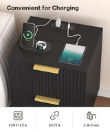 Akxomel Black Nightstand Set of 2, Fluted Night Stand with Charging Station, 13.8" D x 15" W x 23.2" H, 2 Drawers Modern Bedside Table with USB Ports and Outlets, Golden Side Table for Bedroom Akxomel