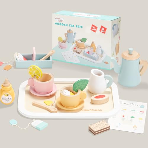 Giant bean Kids Wooden Tea Set for Little Girls, 21 PCS Kitchen Playset Toys Gifts for Toddlers Kids Boys 1 2 3 4 5 6, Play Kitchen Accessories for Kids Tea Party - WoodArtSupply