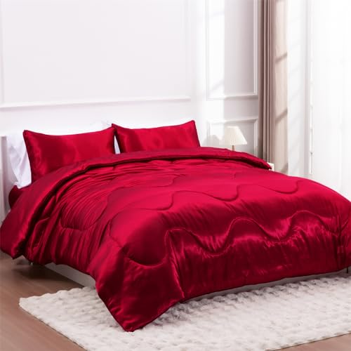 A Nice Night Satin Silky Soft Quilt Sexy Luxury Super Soft Microfiber Bedding Comforter Set, Light Weighted (Red, King) A Nice Night