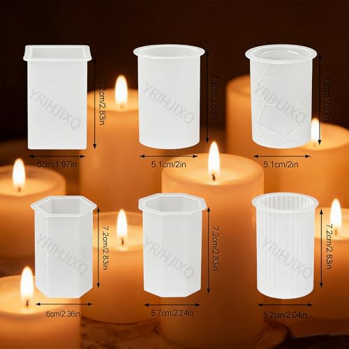 YRIHJIXQ 6Pcs Silicone Candle Molds Set Cylinder & Hexagon & Square Pillar Candle Molds with Different Textures for DIY Soy Wax Candles Resin Soap Plaster Home Decor 2.83in
