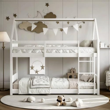 PVWIIK House Floor Bunk Bed/Twin Over Twin with Ladder & Guardrails and Headboards,Wood Bunk Bed Frame,Space Saving Design,No Box Spring Needed,White PVWIIK