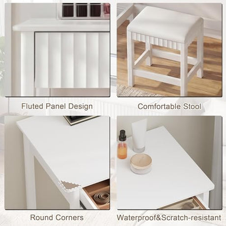 ChooChoo 40 Inch Modern Desk with Drawers, Makeup Vanity Desk with Padded Stool, Small Home Office Desk for Bedroom, White ChooChoo