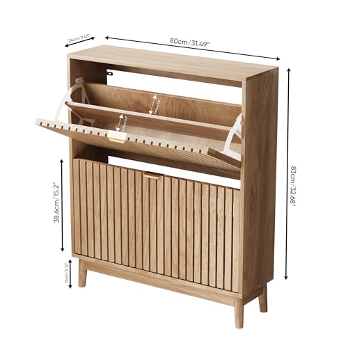 Kiasthome 2 Flip Drawer Shoe Storage Cabinet, Wooden Shoe Organizer with Ventilated Slatted Doors for Entryway, Hallway, Living Room (Wood, 31.5" W) Kiasthome
