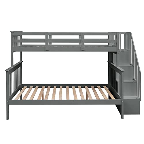 Stairway Bunk Beds Twin Over Full with 4-Step Stairs and Under-Step Storage Shelves, Gray Merax