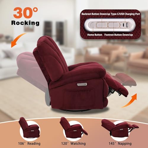 EONIX Dual Motor Power Swivel Rocker Recliner Chair for Living Room, Power Adjustable Backrest and Extended Footrest, Shell Shape Recliner Chair with USB Charging Ports, SXXY004021, Burgundy