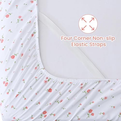 Softan Pink Floral Twin Size Sheet Set, 3 Pieces Single Bed Sheets for Girls, Cozy Microfiber Fitted Sheet with 15" Deep Pockets & Non-Slip Straps, Pink Flower Sheets & Pillowcase Set Softan