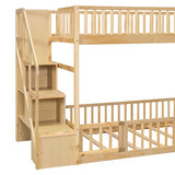 Merax Twin Over Twin Floor Bunk Bed with Storage Ladder and Guardrails, Wood Twin Bunk Bed for Kids Teens Adult, Natural Merax
