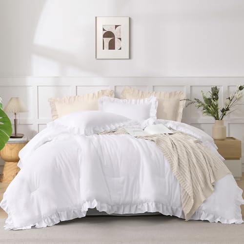 Andency Comforter Full Size Set White, 3 Pieces Ruffle Farmhouse Shabby Chic Gift Full Comforter Set, Soft Lightweight Fluffy All Season Room Decor Bed Set for Girls Women Teens Daughter Andency