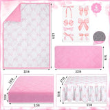 SmoothNovelty 5 Pcs Pink Bow Crib Bedding Set Include Print Crib Sheets Bed Skirt Comforter Pad Cover Wall Stickers for Girls Princess Nursery Room Decoration SmoothNovelty