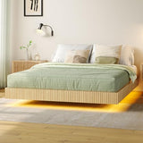 Tatub Natural Queen Floating Bed Frame with LED Lights, Modern Fluted Oak Platform Bed Frame Floating, Heavy Duty Metal Slats, No Box Spring Required Tatub