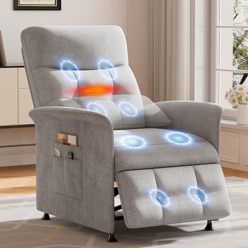 LegacyAmerhome Power Recliner Chair for Adults with Heat & Massage - Soft Fabric Electric Reclining Sofa with Remote Control, 3 Side Pockets, 180° Lay Sleeper for Living Room Home Theater, Light Grey