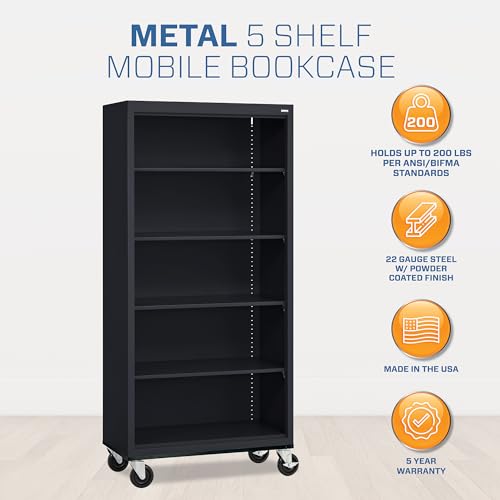 Sandusky Lee BM40361872-09 Mobile Bookcase with 4 Adjustable Shelves, Steel Rolling Bookshelf Storage Cabinet, 78"H, Black Sandusky
