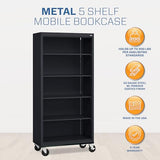 Sandusky Lee BM40361872-09 Mobile Bookcase with 4 Adjustable Shelves, Steel Rolling Bookshelf Storage Cabinet, 78"H, Black Sandusky