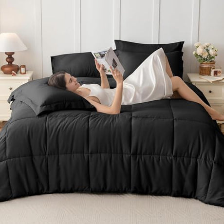 JOLLYVOGUE Twin Comforter Set, Ultra-Soft Bed in a Bag Twin Size 5 Pieces, Oeko-TEX Certified Bedding Set with Down Alternative Comforter, Sheets, Pillowcases & Shams, Black JOLLYVOGUE