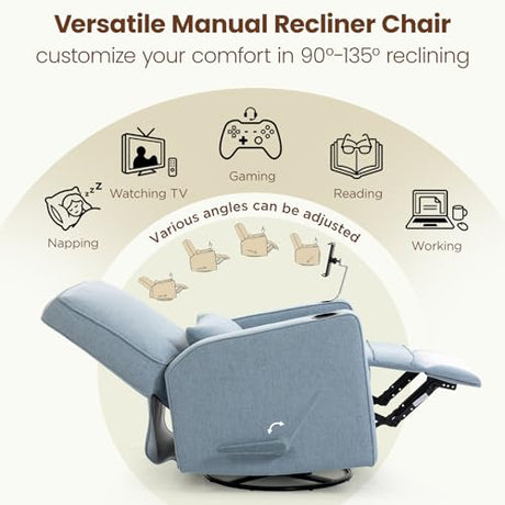 360° Swivel Rocker Recliner Chair with Adjustable Footrest, Rocking Chair Nursery with Phone Stand & Cup Holder,Manual Nursing Chair Glider Recliner Armchair for Adults, Living Room (Blue) FiveWillowise