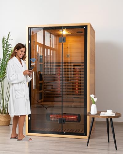 Full Spectrum Infrared Sauna for 2 Person, Upgraded WiFi Control Indoor Red Light Therapy Canadian Hemlock Wood Home Spa Saunas, Speaker, Oxygen bar, Reading & 7-Color Light, 1750 W, 110V Smartmak