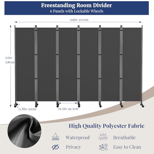 Kokorona 6 Panel Room Divider, 6FT Tall Rolling Privacy Screen with Lockable Wheels, Folding Wall Dividers Portable Room Divider for Room Separation, Included - Cover Strips, Grey, 119''W x 70''H Kokorona