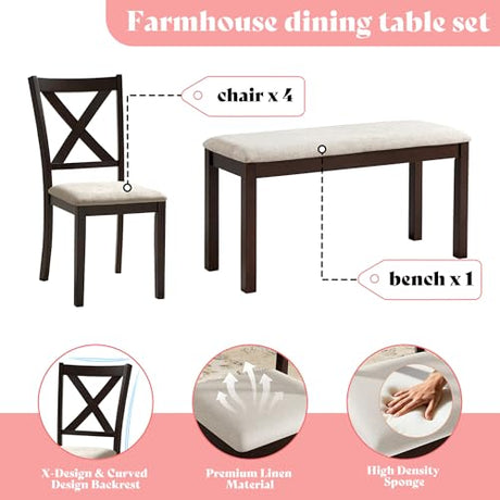 AMERLIFE 6-Piece Farmhouse Dining Table Set, 60” Solid Wood Table with 4 Upholstered Chairs & Bench, Comfortable Seating for 6, for Kitchen or Dining Room, Brown & Black Finish AMERLIFE