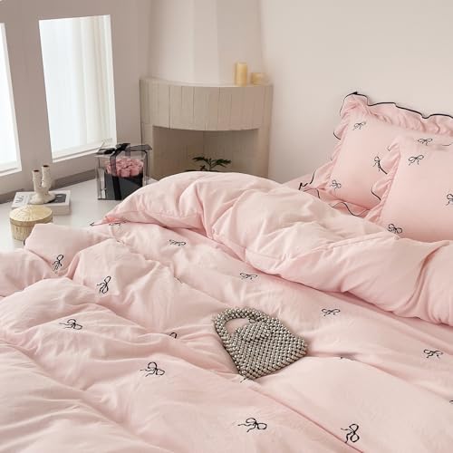 AOJIM Chic Pink Duvet Cover Set 3-Piece with Bow Pattern for Kids Adults, Twin Size Brushed Microfiber Ruffled Bedding Set, 1 Soft Comforter Cover and 2 Pillowcases, for All Seasons AOJIM