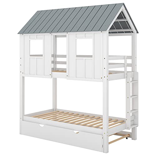 Merax Twin Over Twin Bunk Bed with Trundle,Roof and Windows,House-Shaped Wood Bunk Bed for with Built-in Ladder and Guardrail for Girls,Boys,White+Grey Merax
