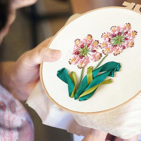 LOMOHOO 4 Sets Ribbon Flower Embroidery Kit for Beginners, Needlepoint Stamped Cross Stitch Starter Kits, Stitch Learning DIY Kit with Floral Pattern, Thread, Hoops, Colorful Ribbons Flower LOMOHOO