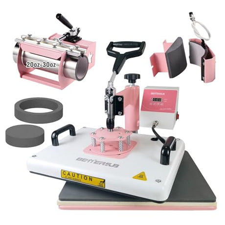 BetterSub 5 in 1 Heat Press Machine 12x15 inch, Industrial-Quality Sublimation Press with 30oz Tumbler Attachment & Curved Hat Plate, 360° Swivel Design for T-Shirts, Vinyl, DTF Film - Pink BetterSub