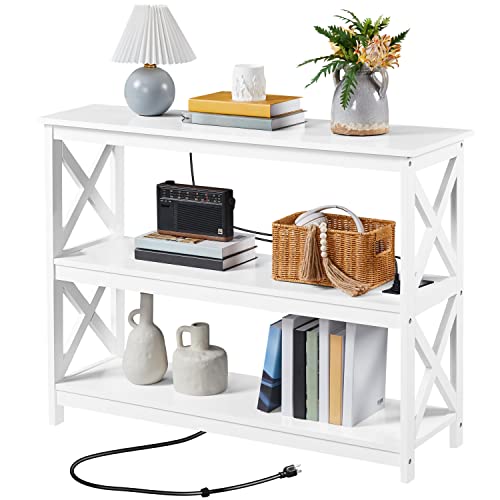 Yaheetech Entryway Table with Storage Shelves, Console Table with Power Outlets and USB Ports, Wood Narrow Sofa Table with X-Shaped Design for Living Room/Hallway/Couch, White Yaheetech